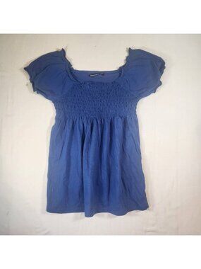 Bluenotes Womens Blue Smocked Babydoll Top Square Neck Short Sleeve Size Medium